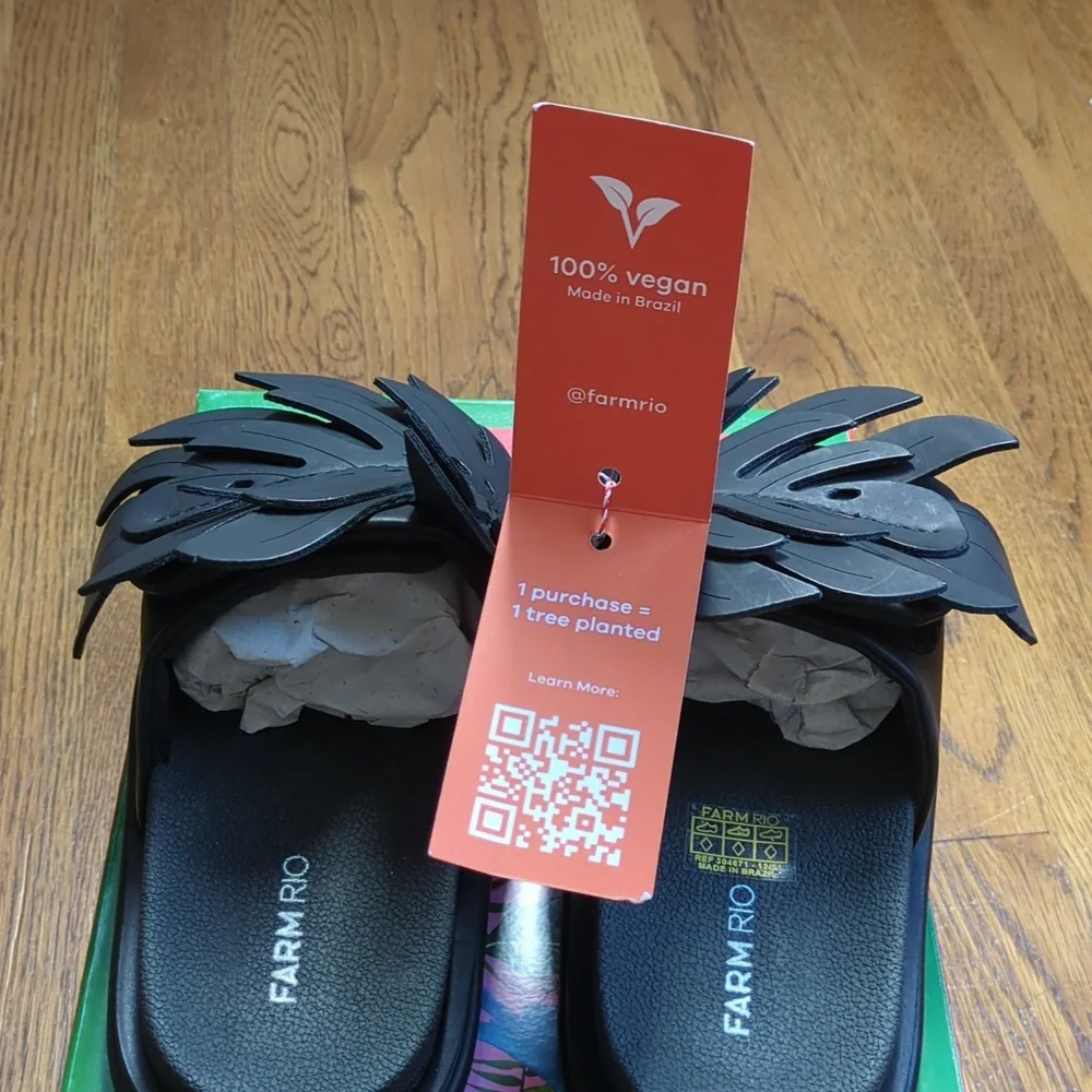 NIB FARM Rio Monstera Anatomic Slide Sandals In Black Women's Size 6